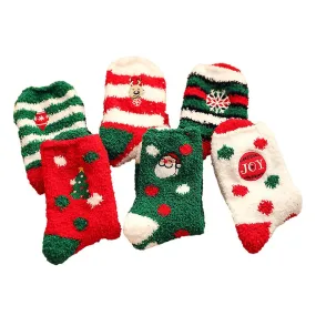 6 Pairs Winter Coral Fleece Socks Delicate Christmas Themed Pattern Socks