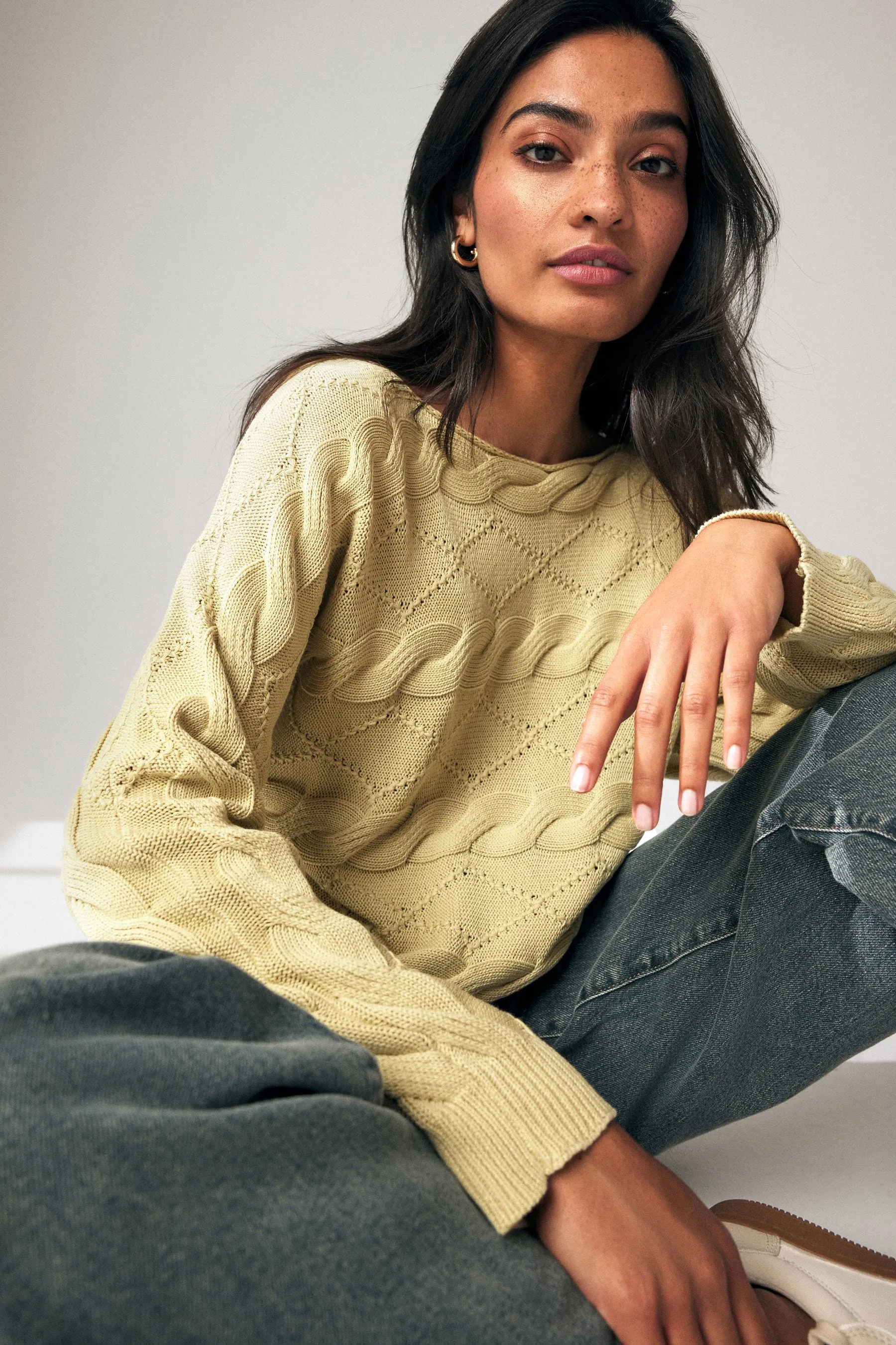 Amarillo lavado - Cable Off the Shoulder 100% Cotton Jumper