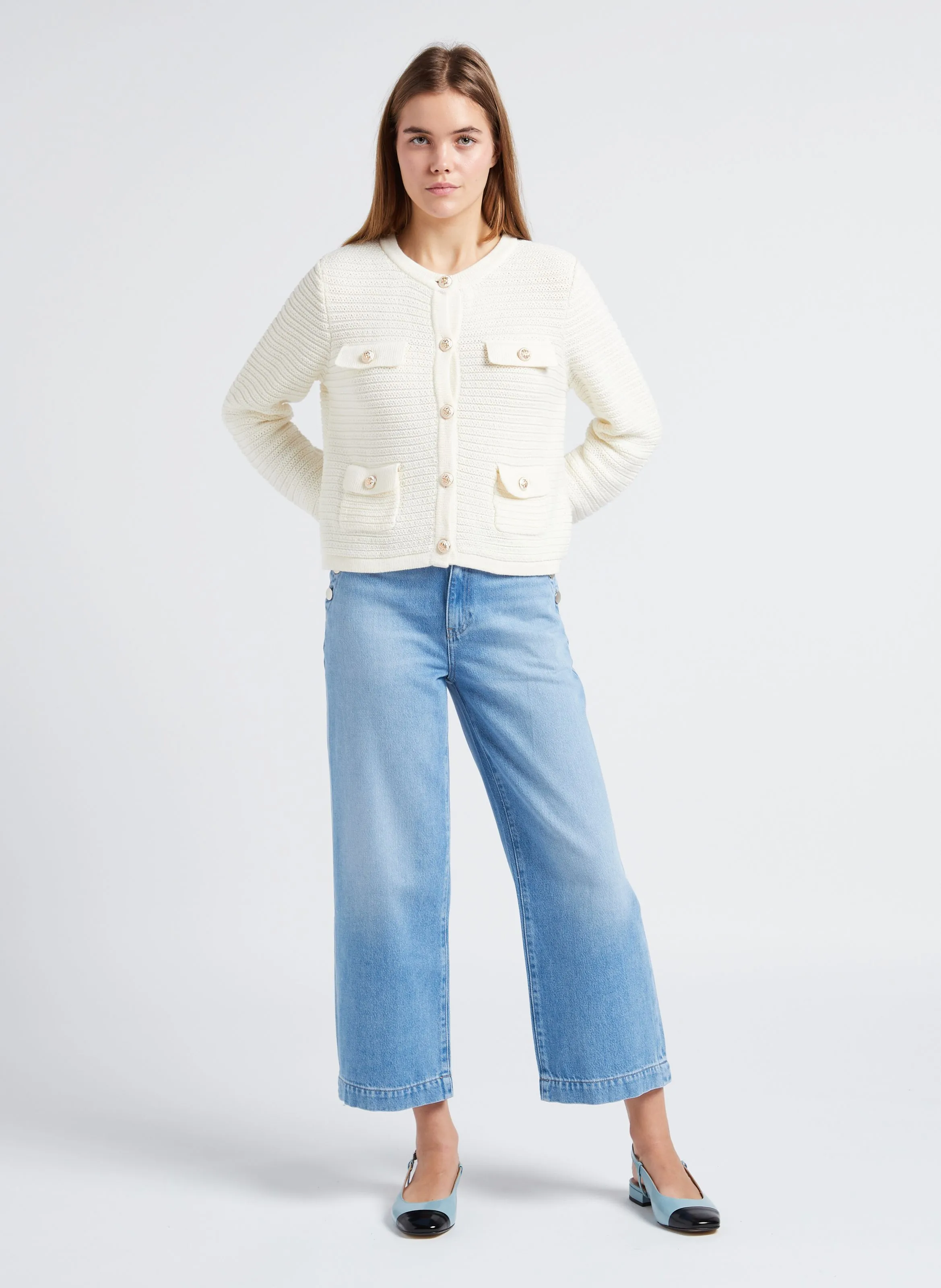 MAISON 123 LILY - Chaqueta holgada de algodón con cuello redondo y botones de pedrería en beige