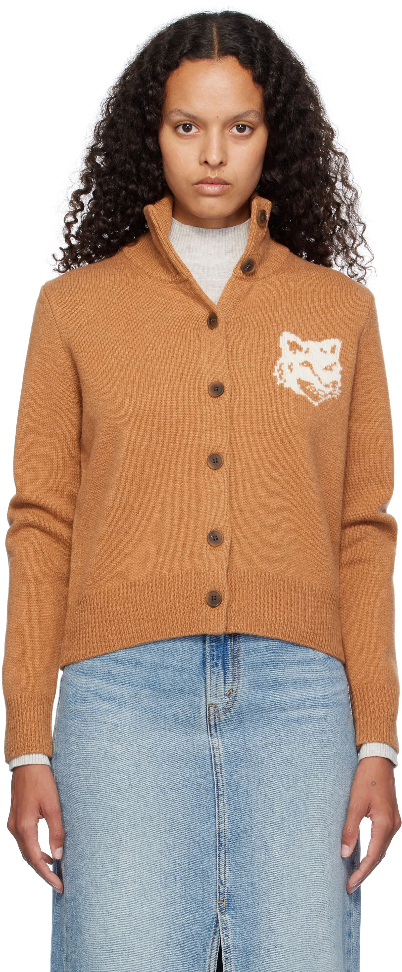 MAISON KITSUNÉ Fox Head Intarsia High Neck Cardigan